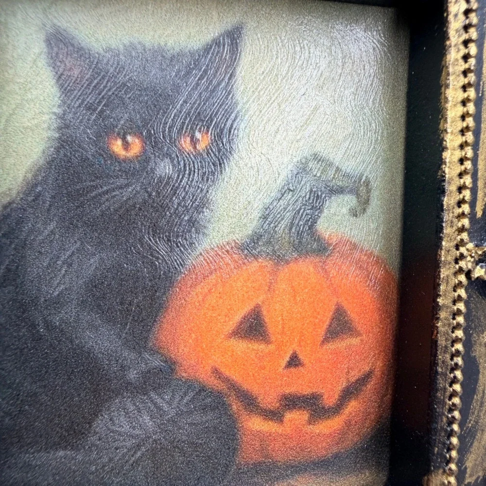 Vintage Black Cat Pumpkin Halloween Decoupage Art Ornate Gold Black Resin Frame
